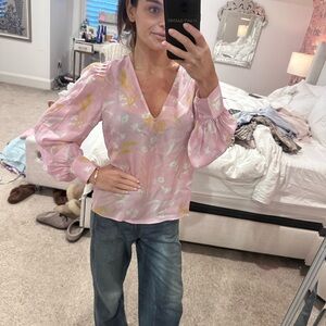 Joie Pink Floral Satin V-Neck Puff-Sleeve Blouse